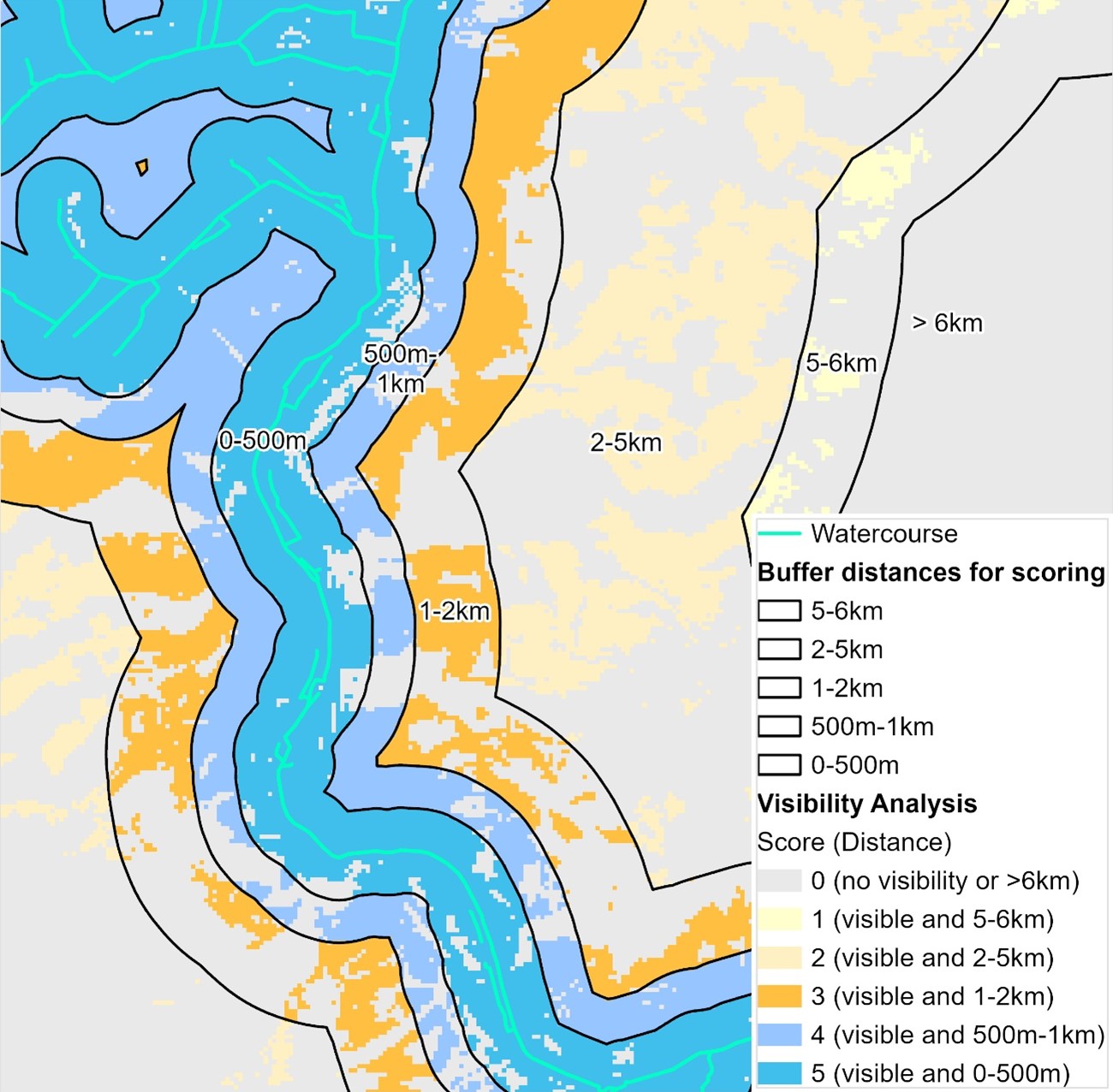 Figure 2.5: Contributing buffer distance and scores visibility analysis