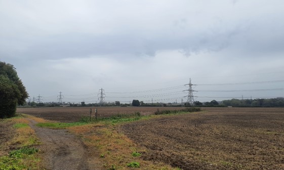 Large electricity pylons in views north from Shakespeare’s Way