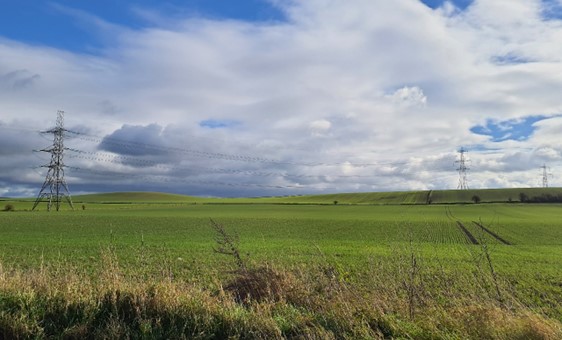 Electricity pylons traverse the open vale (with chalk downland in the distance), near Cholsey