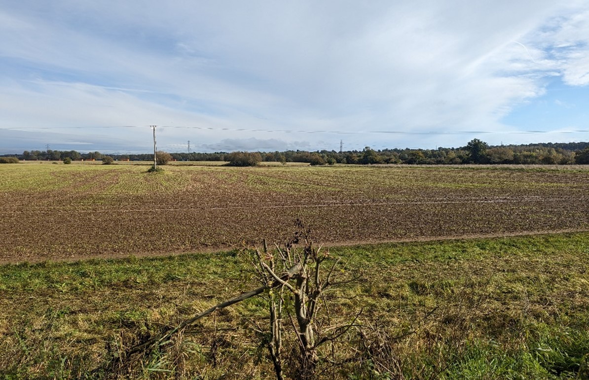 Cherwell Valley railway line lined by trees in backdrop of flat arable fields