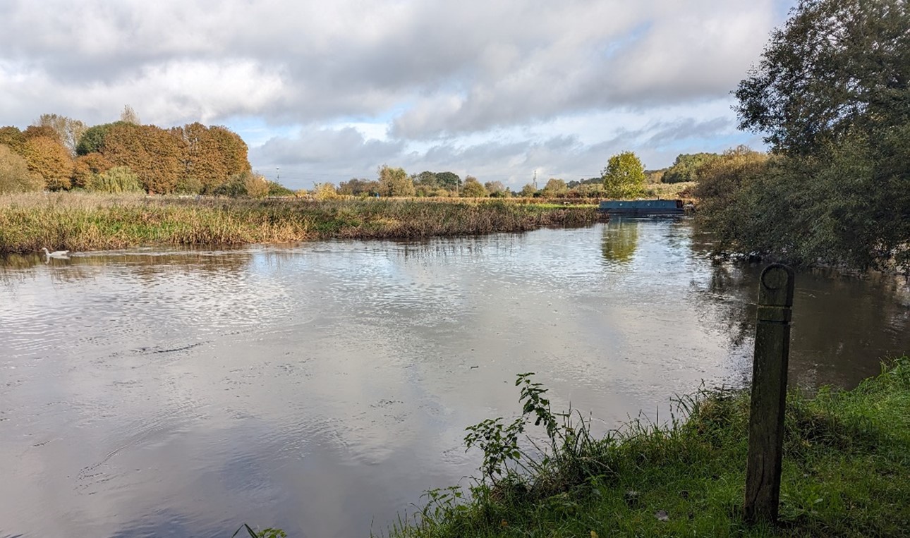 River Thames, crossed by pylons in the background